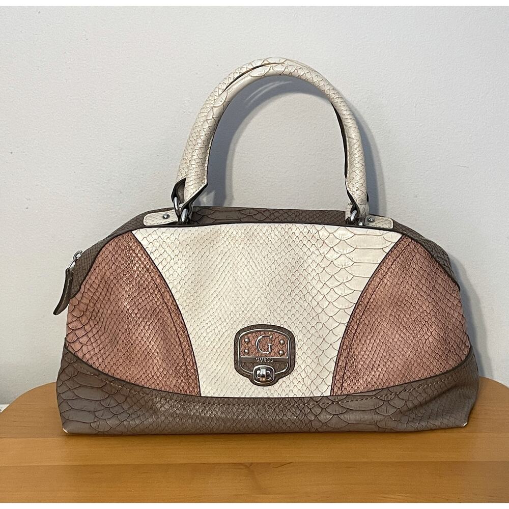 Guess Colorblock  Satchel Bag White Pink Gray Faux Snakeskin Y2K Purse Handbag